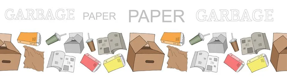 Seamless border with sorted paper garbage isolated on white. Collection of pa Stock Illustration