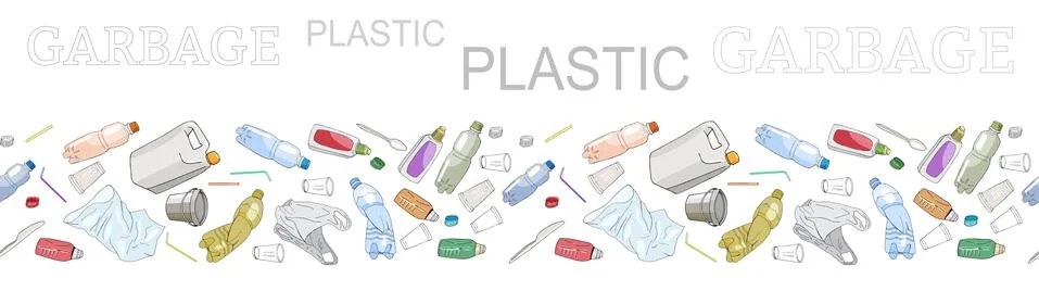 Seamless border with sorted plastic garbage isolated on white. Concept of Rec Stock Illustration