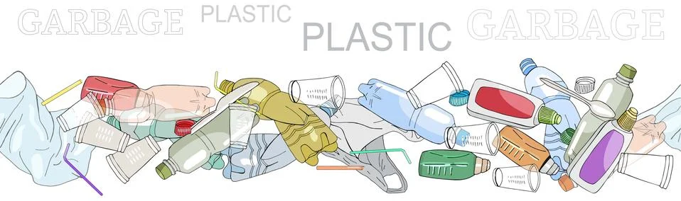 Seamless border with sorted plastic garbage isolated on white. Concept of Rec Stock Illustration