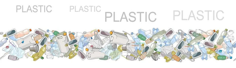 Seamless border with sorted plastic garbage isolated on white. Concept of Rec Stock Illustration