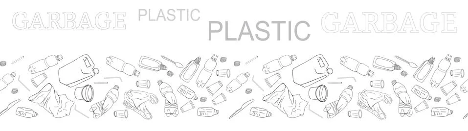 Seamless border with sorted plastic garbage isolated on white. Concept of Rec Stock Illustration