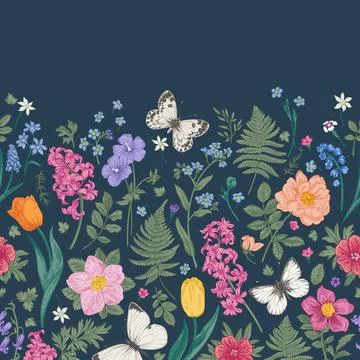 Seamless border with spring flowers. Illustrazione stock