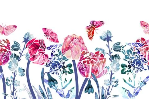 Seamless border with spring flowers, tulips and bellflowers Stock Illustration