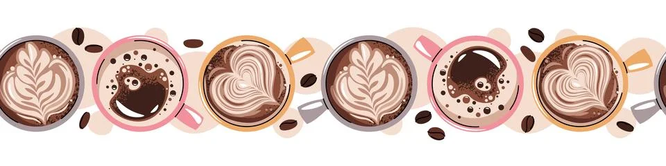 Seamless Border With Top View Coffee In Mugs In Flat Style. Repeating Patte.. Stock Illustration