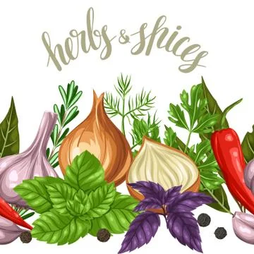 Seamless border with various herbs and spices Illustrazione stock