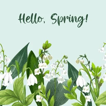 Seamless border with white spring flowers, hand drawn Stock Illustration