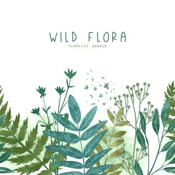 Seamless border with wild floral elements Stock Illustration