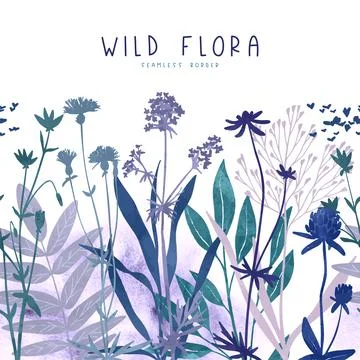 Seamless border with wild floral elements Stock Illustration