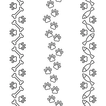 Seamless borders with outlines of paw prints, bones, fish, footprint. Cat, dog Illustrazione stock