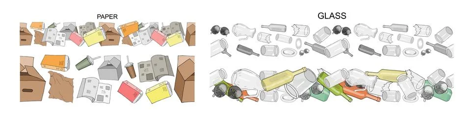 Seamless borders with sorted organic garbage. Collection of patterns with sep Stock Illustration