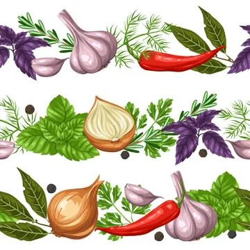 Seamless borders with various herbs and spices Illustrazione stock