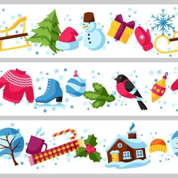 Seamless borders with winter objects. Merry Christmas, Happy New Year holiday Stock Illustration