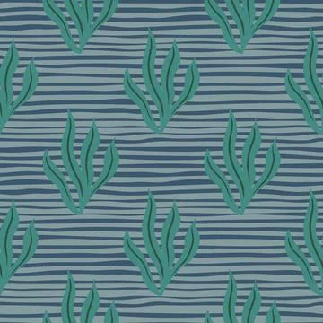 Seamless botanic aqua pattern with green seaweeds doodle ornament. Blue pale  Stock Illustration