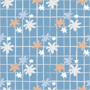 Seamless botanic pattern with daisy flowers. Blue background with check. Simp Stock Illustration