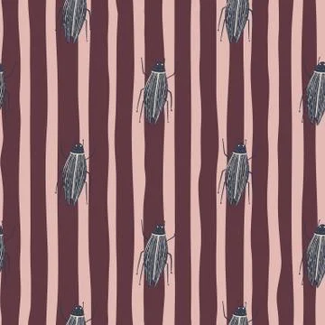 Seamless botanic pattern with flat bugs shapes. Grey insect forms on stripped Stock Illustration