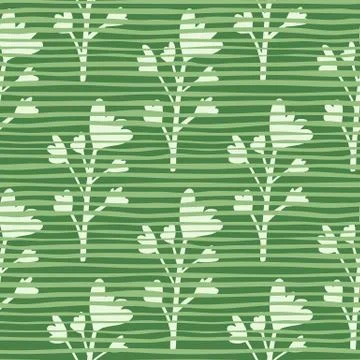 Seamless botanic pattern with flowers. Green background with strips. Simple d Stock Illustration