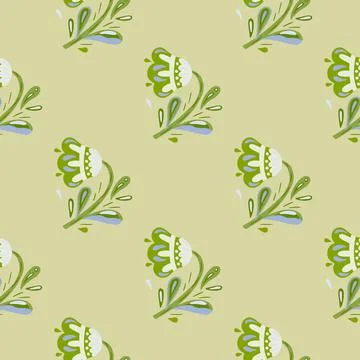 Seamless botanic pattern with green colored folk flower silhouettes print. Stock Illustration
