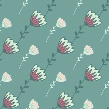 Seamless botanic pattern with outline white flowers and pink elements. Blue b Illustrazione stock