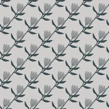 Seamless botanic pattern with tulip diagonal silhouettes. Light grey backgrou Stock Illustration