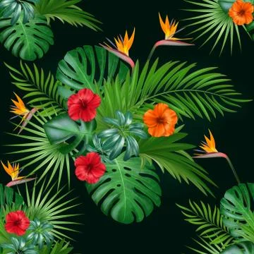 Seamless botanical exotic vector pattern with green palm leaves and hibiscus Stock Illustration