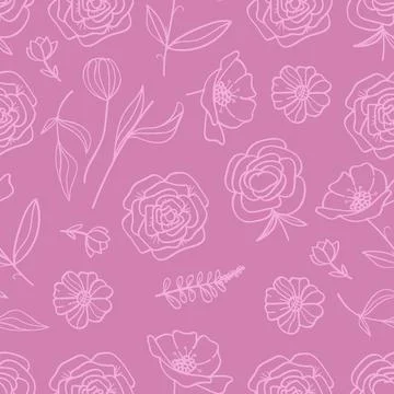 Seamless Botanical Floral Pattern Hand Drawn Line Art Isolated On Pink Back.. Stock Illustration