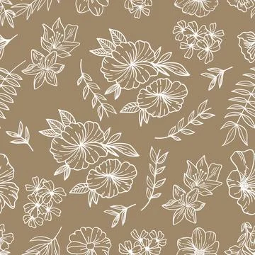 Seamless Botanical Floral Pattern Hand Drawn Line Art Isolated On Brown Bac.. Stock Illustration