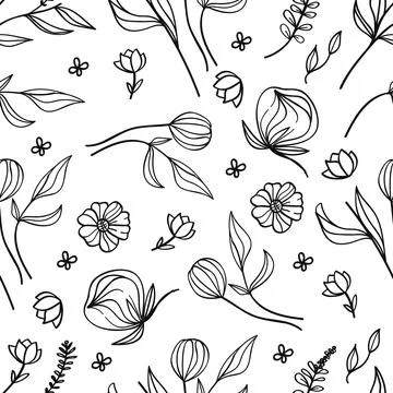 Seamless Botanical Floral Pattern Hand Drawn Line Art Illustrazione stock