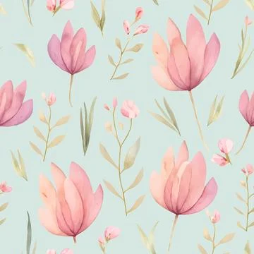 Seamless botanical floral pattern with pink flowers on blue 스톡 일러스트