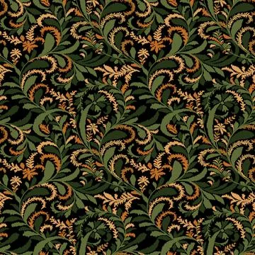 Seamless Botanical Ikat Pattern with Green Vines and Orange Leaves on Black Illustrazione stock