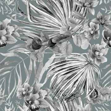 Seamless botanical monochrome black and white pattern with watercolor flowers Illustrazione stock