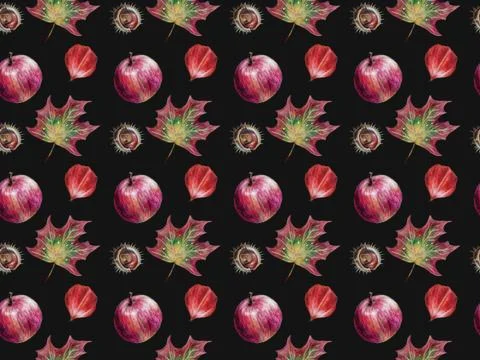 Seamless botanical pattern background. Autumn maple leaves, red apple, physalis 스톡 일러스트
