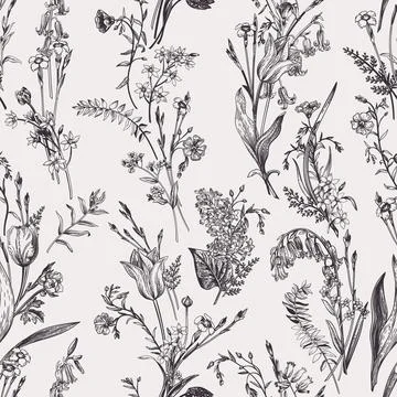 Seamless botanical pattern. Black and white. Illustrazione stock