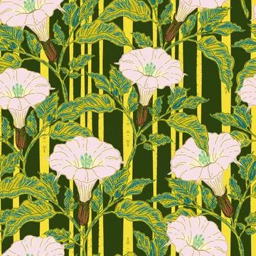 Seamless botanical pattern featuring blooming datura flowers and lush foliage Stock Illustration