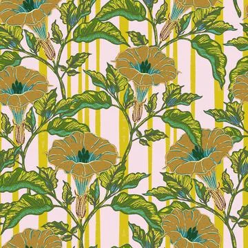 Seamless botanical pattern featuring blooming datura flowers and lush foliage Stock Illustration