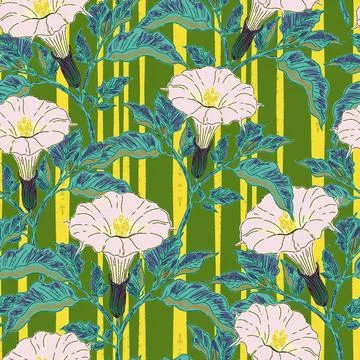 Seamless botanical pattern featuring blooming datura flowers and lush foliage Illustrazione stock