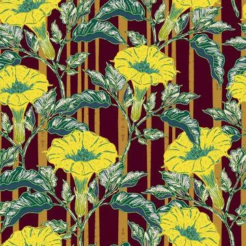 Seamless botanical pattern featuring blooming datura flowers and lush foliage Stock Illustration