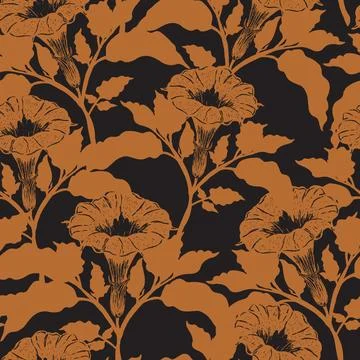 Seamless botanical pattern featuring blooming datura flowers and lush foliage Stock Illustration