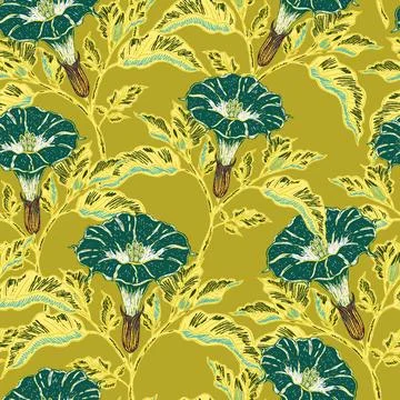 Seamless botanical pattern featuring blooming datura flowers and lush foliage Stock Illustration