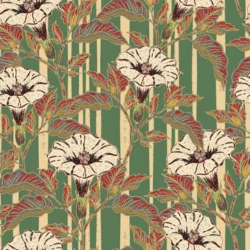 Seamless botanical pattern featuring blooming datura flowers and lush foliage Stock Illustration