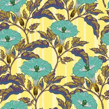 Seamless botanical pattern featuring blooming datura flowers and lush foliage Stock Illustration