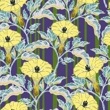 Seamless botanical pattern featuring blooming datura flowers and lush foliage 스톡 일러스트