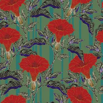 Seamless botanical pattern featuring blooming datura flowers and lush foliage Illustrazione stock