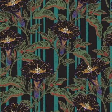 Seamless botanical pattern featuring blooming datura flowers and lush foliage Stock Illustration