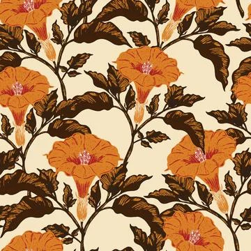 Seamless botanical pattern featuring blooming datura flowers and lush foliage Stock Illustration