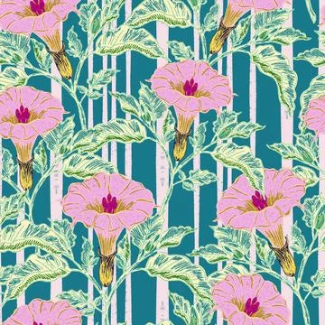 Seamless botanical pattern featuring blooming datura flowers and lush foliage Illustrazione stock