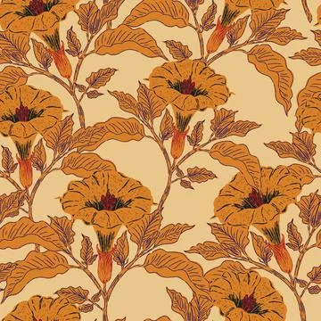 Seamless botanical pattern featuring blooming datura flowers and lush foliage Illustrazione stock