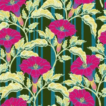 Seamless botanical pattern featuring blooming datura flowers and lush foliage Stock Illustration