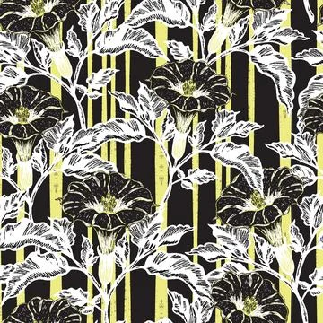 Seamless botanical pattern featuring blooming datura flowers and lush foliage Stock Illustration