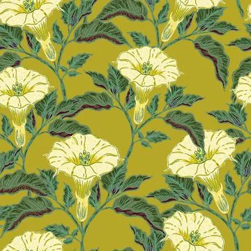 Seamless botanical pattern featuring blooming datura flowers and lush foliage Stock Illustration
