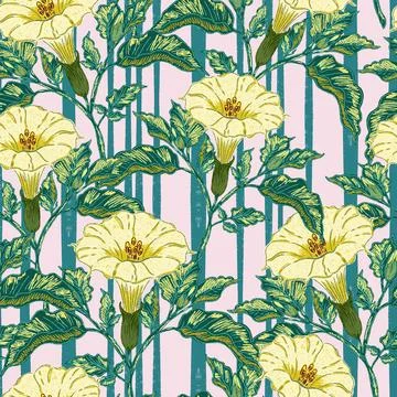 Seamless botanical pattern featuring blooming datura flowers and lush foliage Stock-Illustration